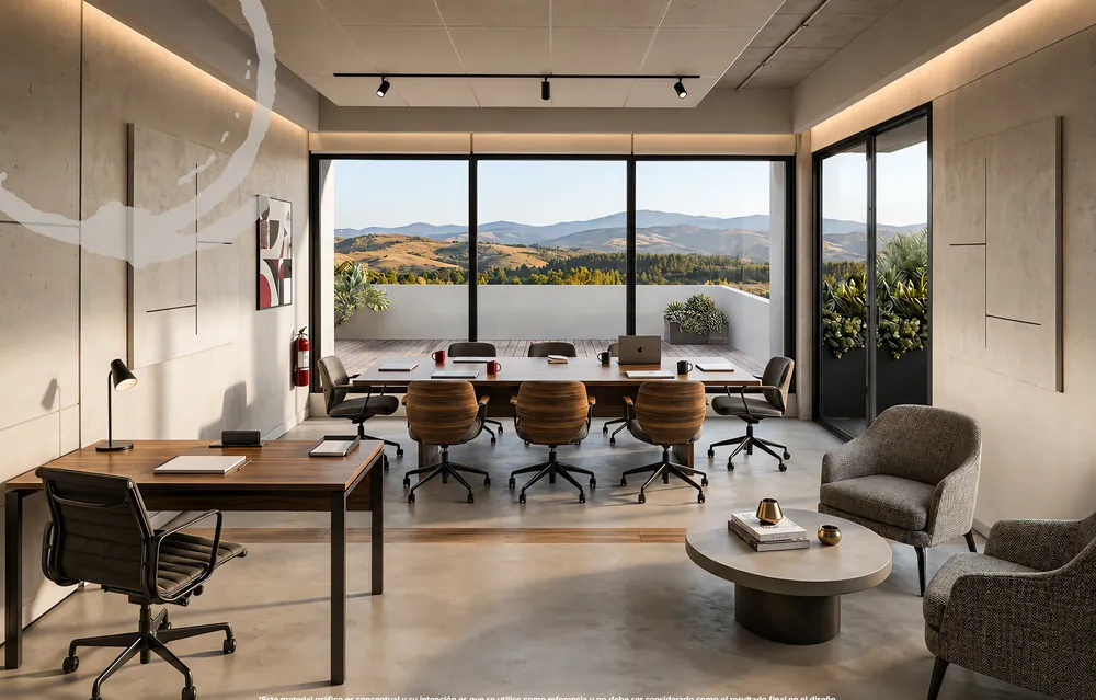Área de coworking con vista a la sierra