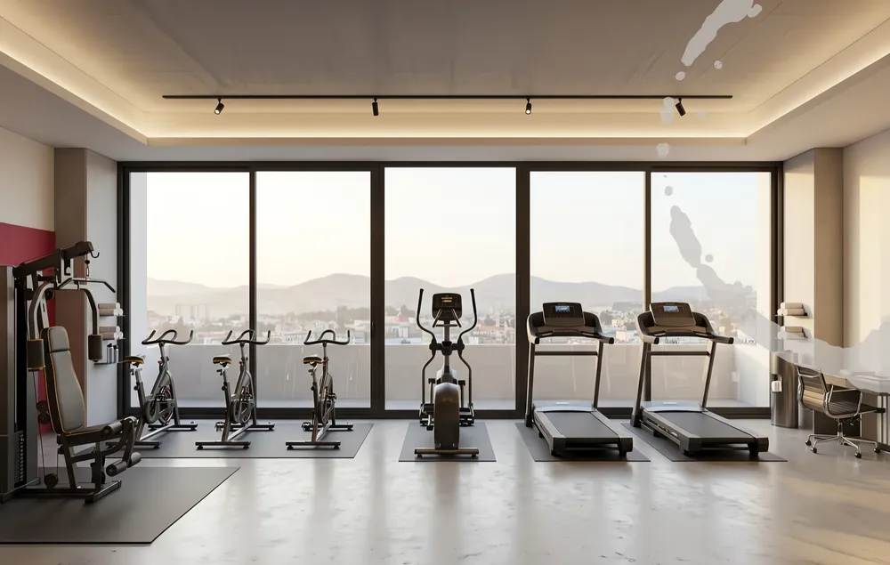 Gimnasio equipado con vista a la ciudad