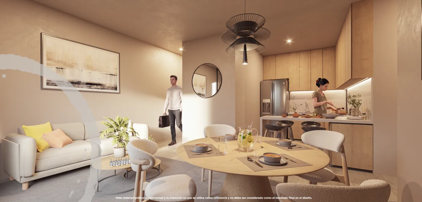 Cocina y comedor integrados de una casa del desarrollo